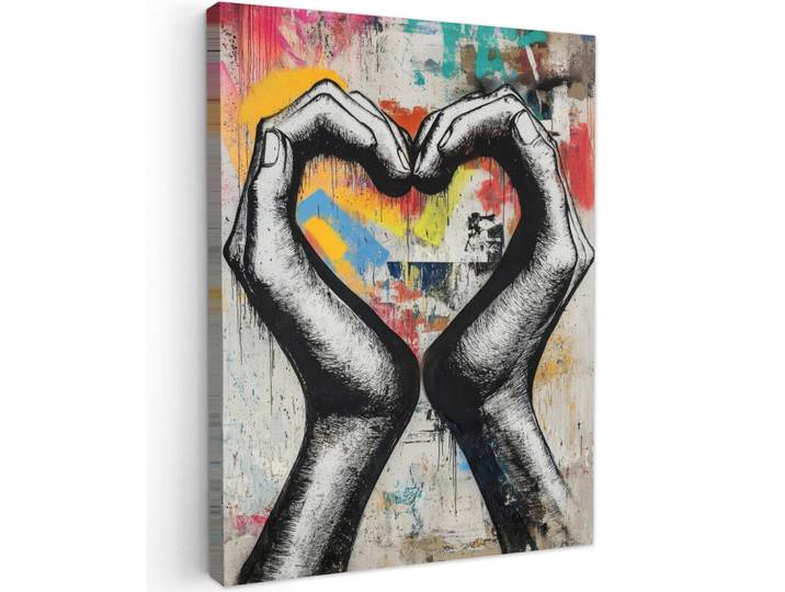 MuchoWow Leinwandbild - Hände - Herz - Straßenkunst - Graffiti - 60x80 - Gemälde, Mehrfarbig, Textil, Kiefer, Abstrakt, Rechteckig, 60x80 cm, gerahmt, Bilder & Rahmen, Bilder, Wandbilder
