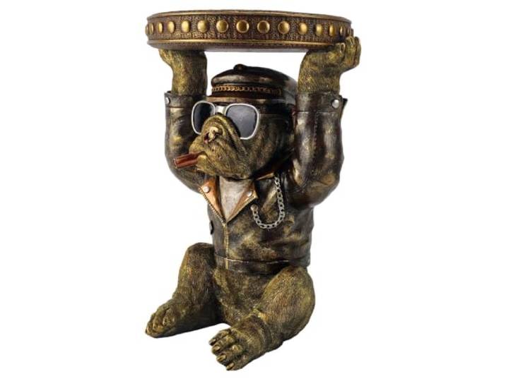Beistelltisch Bulldogge mit Tablett auf dem Kopf, Goldharz, 35 cm Gealtertes Gold- und Bronzefinish, Lederjacke, Mütze, Sonnenbrille und Zigarre, rundes Tablett mit Nieten, Humor