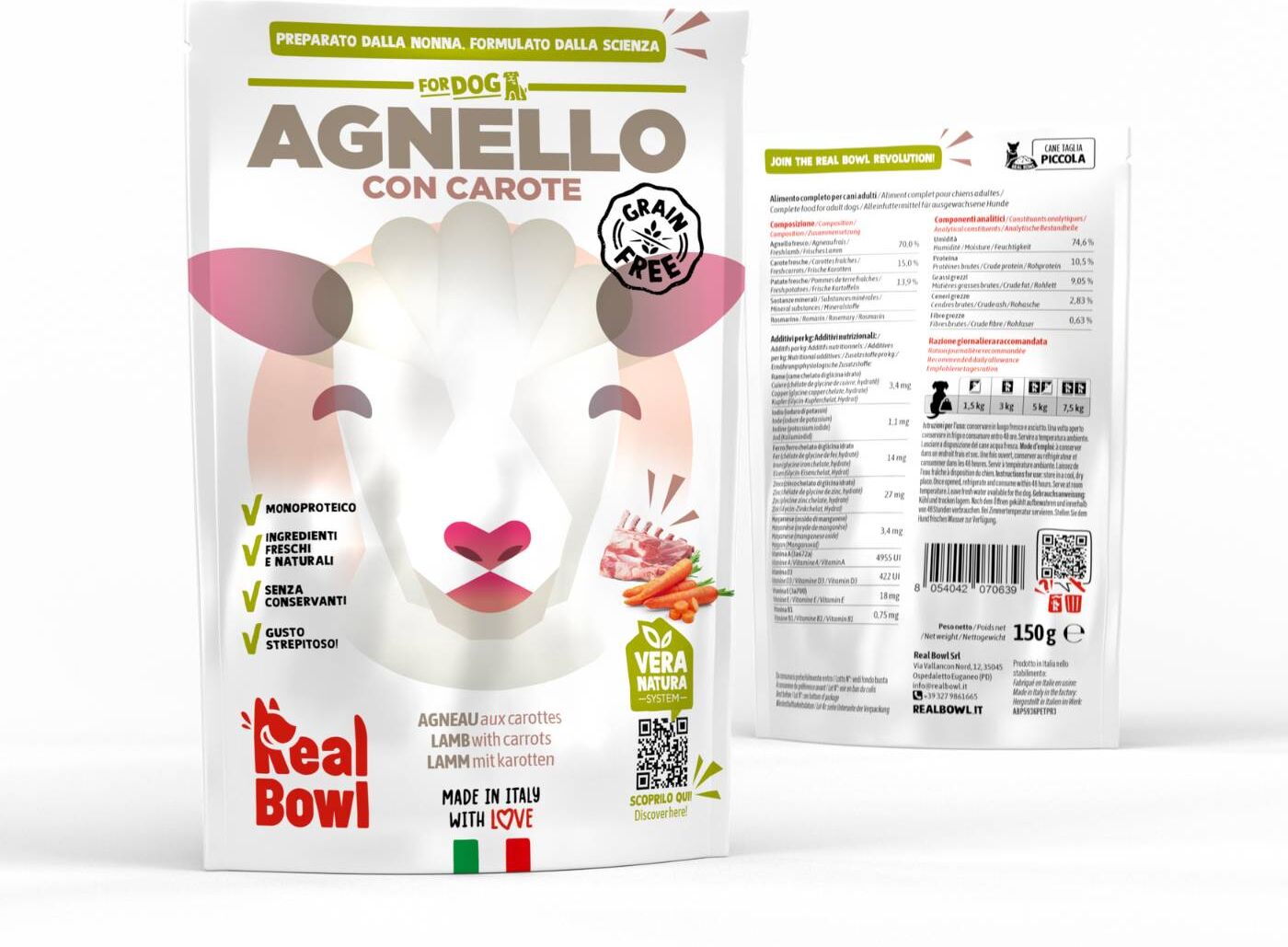 REAL BOWL 1 BUSTA x 150 g Alimento Fresco Cotto per Cani all'Agnello con Carote Grain Free