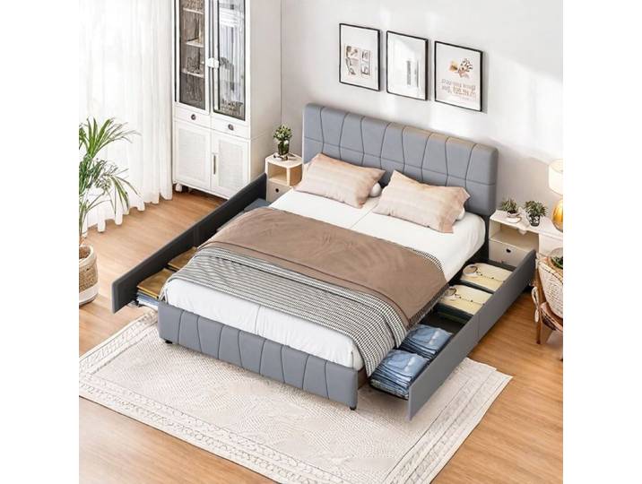 Lit double en tissu velours cadre de lit avec rangement lit adolescent 160x200 lit capitonne coffre avec 4 tiroirs lit adulte
