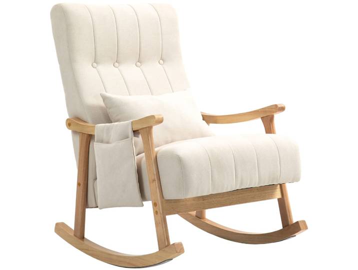 Fauteuil à bascule scandi bois massif, tissu beige