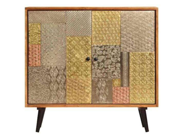 KPOTUERTU Sideboard 80x30x75 cm Massivholz Akazie Honigfarbene Lackierung, 2 Fächer mit Türen, Metallverzierungen, k-Griffe, Vintage-Charme, Wohnzimmer