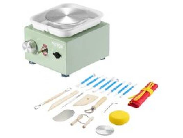 VEVOR Mini Tour de Potier, Vitesse Réglable 0-320 tr/min, Roue de Poterie avec Bassin Amovible, 2 Plateaux Tournants de 6,5 cm et 10 cm, 18 Accessoires, pour Artisanat, Bricolage à Domicile, Vert