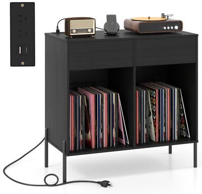Costway Record Player Stand with Power Outlets Double Wide Turntable Stand Vinyl Record Storage Table-Black