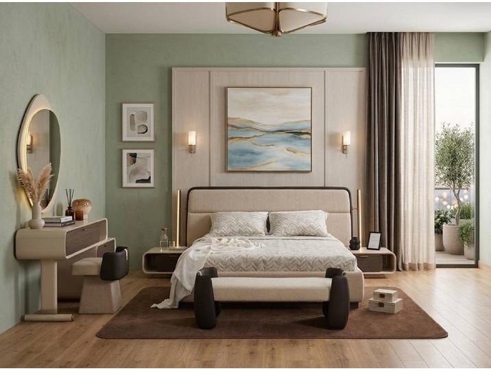 Xlmoebel Schlafzimmer-Set Schlafzimmer Set Bettanlage Schminkplatz Bank Modern Beige, (Schlafzimmer-Set, 10-tlg., 10-tlg)