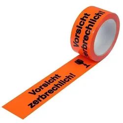 Transpak, Klebeband, Warnklebeband PP Breite 50mm Länge 66m Stärke 52μ PP leuchtorange Aufdruck Vorsicht zerbrechlich (50 mm)