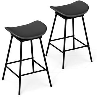 Costway Set of 2 Swivel Barstools Faux Leather Upholstered Backless with Footrest-Black