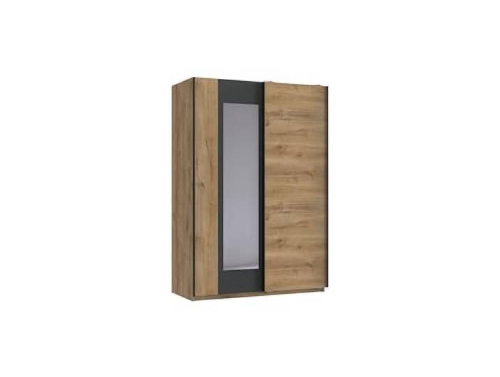 möbelando Schwebetürenschrank >TEXEL< 180x198x65 cm modern Plankeneiche Dekor + Graphit mit Spiegel, 2 Einlegeböden, 2 Kleiderstangen, hochwertiger Spanplatte, platzsparend