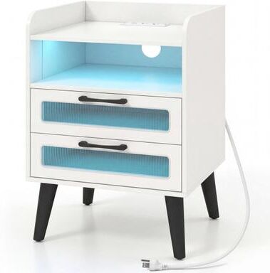 Costway Mid Century Modern Nightstand with Charging Station and LED Lights-White