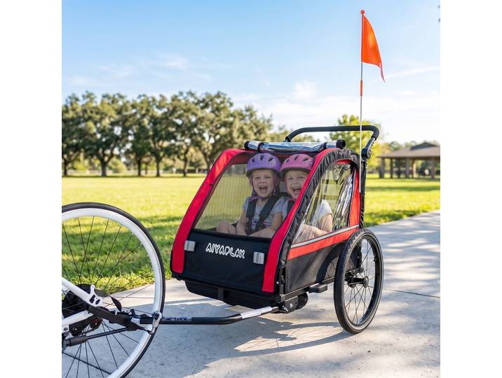 AIYAPLAY Remorque Vélo 2 Places Rouge Guidon Réglable Sécurité