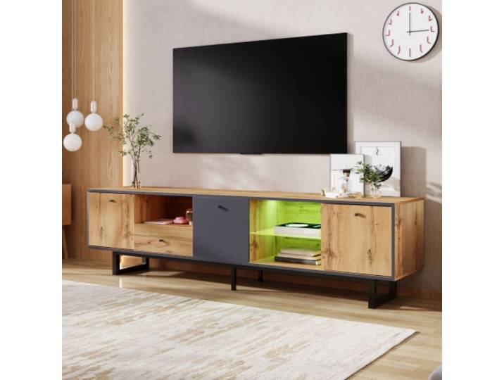 Meuble TV salon design Lowboard avec éclairage LED séparation verre et charnières amorties
