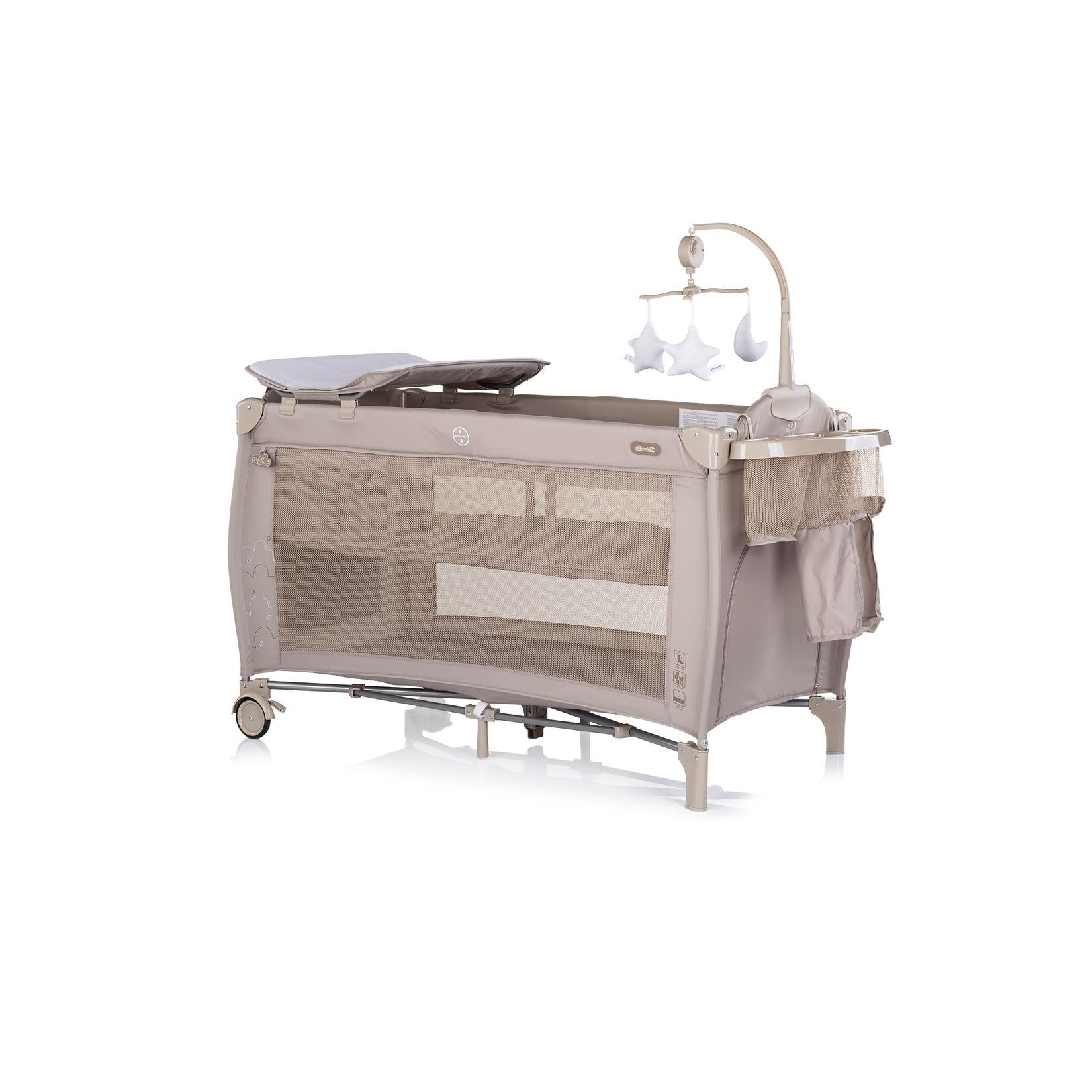 Chipolino Reisebett Bella 2 Ebenen seitlicher Eingang Musikmobile Wickelauflage beige grau