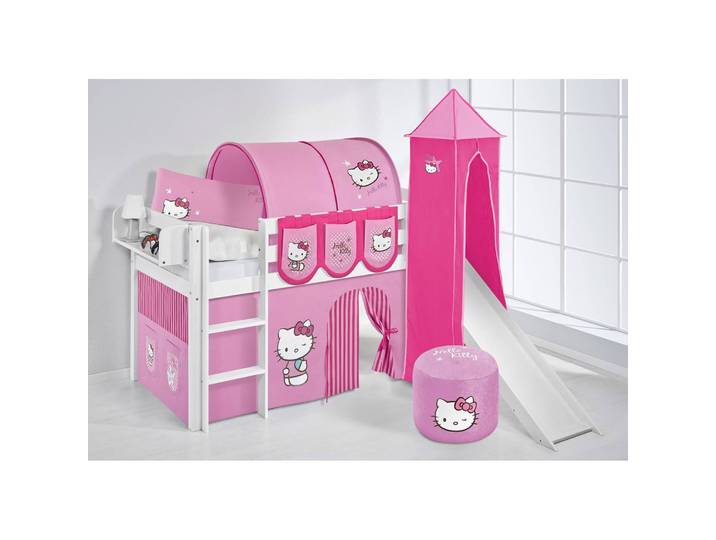 Hochbett Hello Kitty 90 x 200cm Weiß/Rosa mit Rutsche & Turm