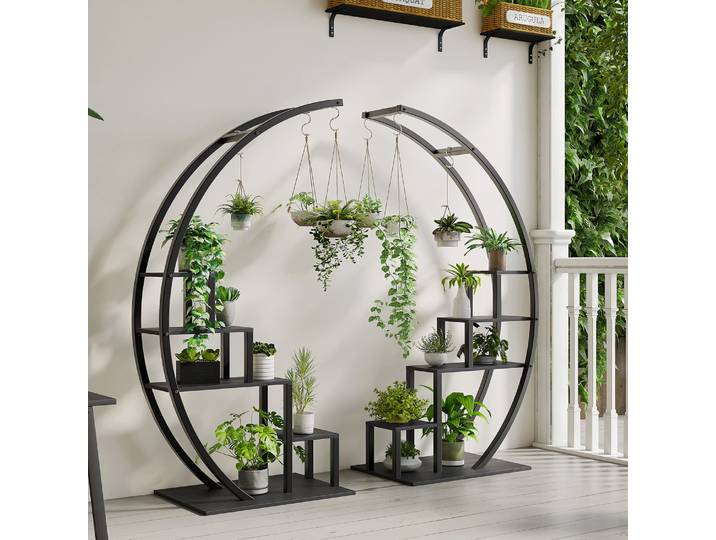 Support à plantes en métal à 5 niveaux, forme demi-lune, support à plantes haut pour jardin, étagère à fleurs pour la maison, le patio, le salon, la décoration du jardin