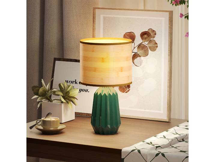 HOMCOM Lampe Rétro Céramique Vert Abat-jour Lin 40W