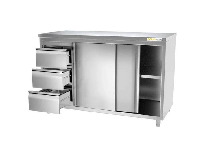 Meuble bas inox 2000x600 mm avec 3 tiroirs à gauche PREMIUM - GOLDINOX
