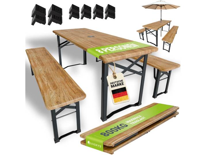 Juskys Bierzeltgarnitur Bichl 3-teilig klappbar - Biertisch + 2 Bierbänke - Holz