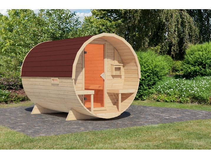 Karibu Saunahaus Außensauna Saunafass Fasssauna 2 unbehandelt ohne Ofen im Set mit 4 Paketen Rechteckschindeln dunkelrot 38mm Massivholz 224x299x229 cm
