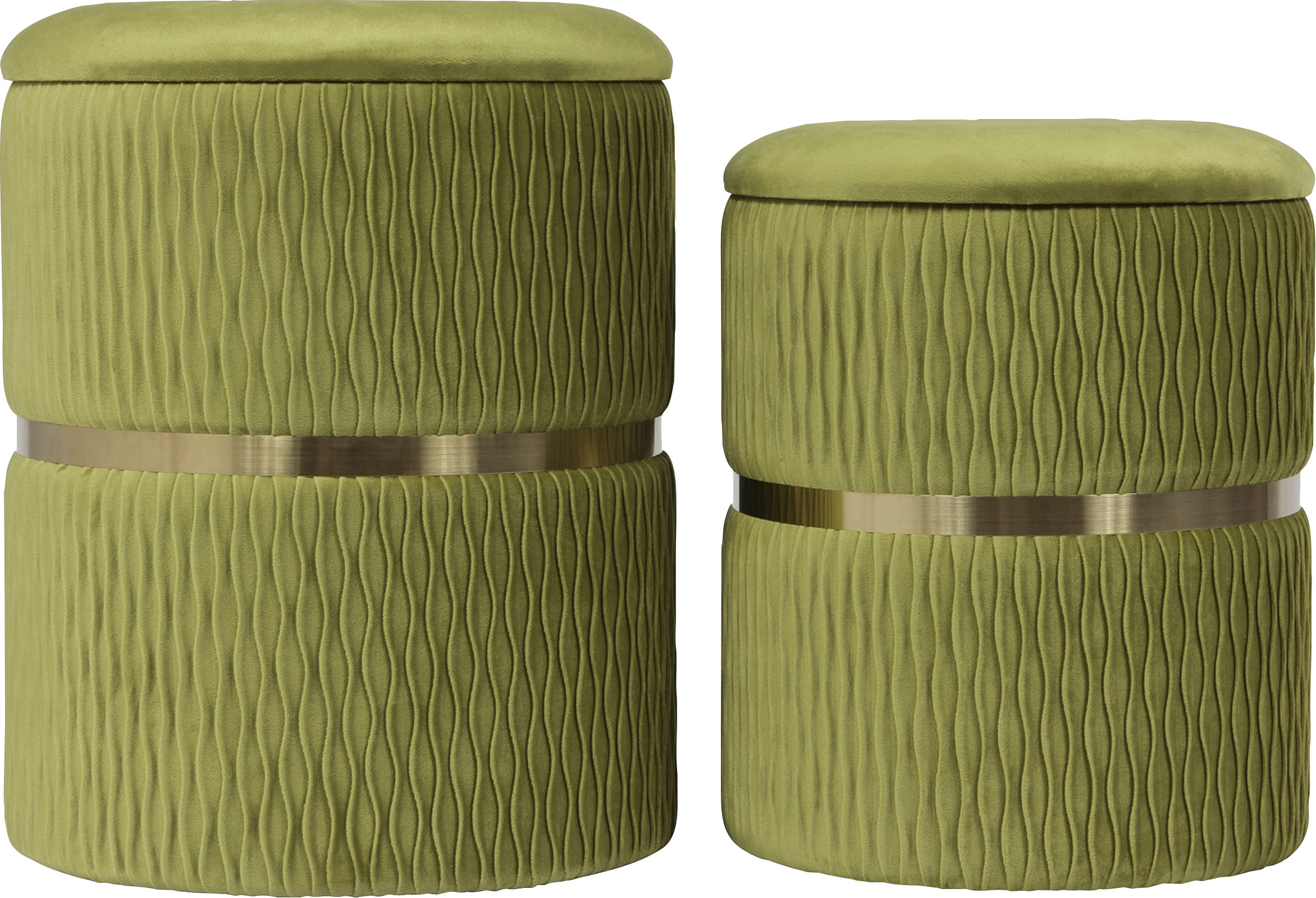 Sitzhocker KAYOOM "Hocker Milas 2er-Set, Praktischer und versteckter Stauraum", grün (pistachio, grün), B:31,5cm H:38cm T:36cm, Korpus: MDF / Bezug: 100% Polyester (Samt) / Sockel: Edelstahl, Hocker, Sitzhocker, stapelbar, mit Stauraum, Edelstahlsockel, F