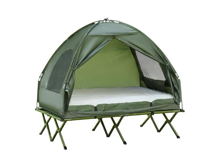 Ensemble de camping pour 2 personnes avec lit de camp et matelas pneumatique vert