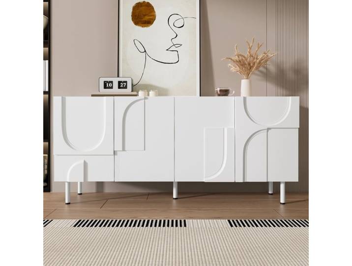 Buffet - Buffet de salon géométrique - 4 portes - Blanc - 160x38.5x70 cm