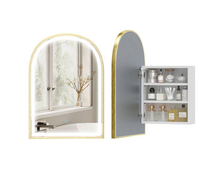ComfortXL Spiegelschrank De-15213 Led, Anti-Beschlag, gebogene Tür, Gold, Goldfarben, 50x70x14.5 cm, Badezimmer, Badezimmerspiegel, Spiegelschränke