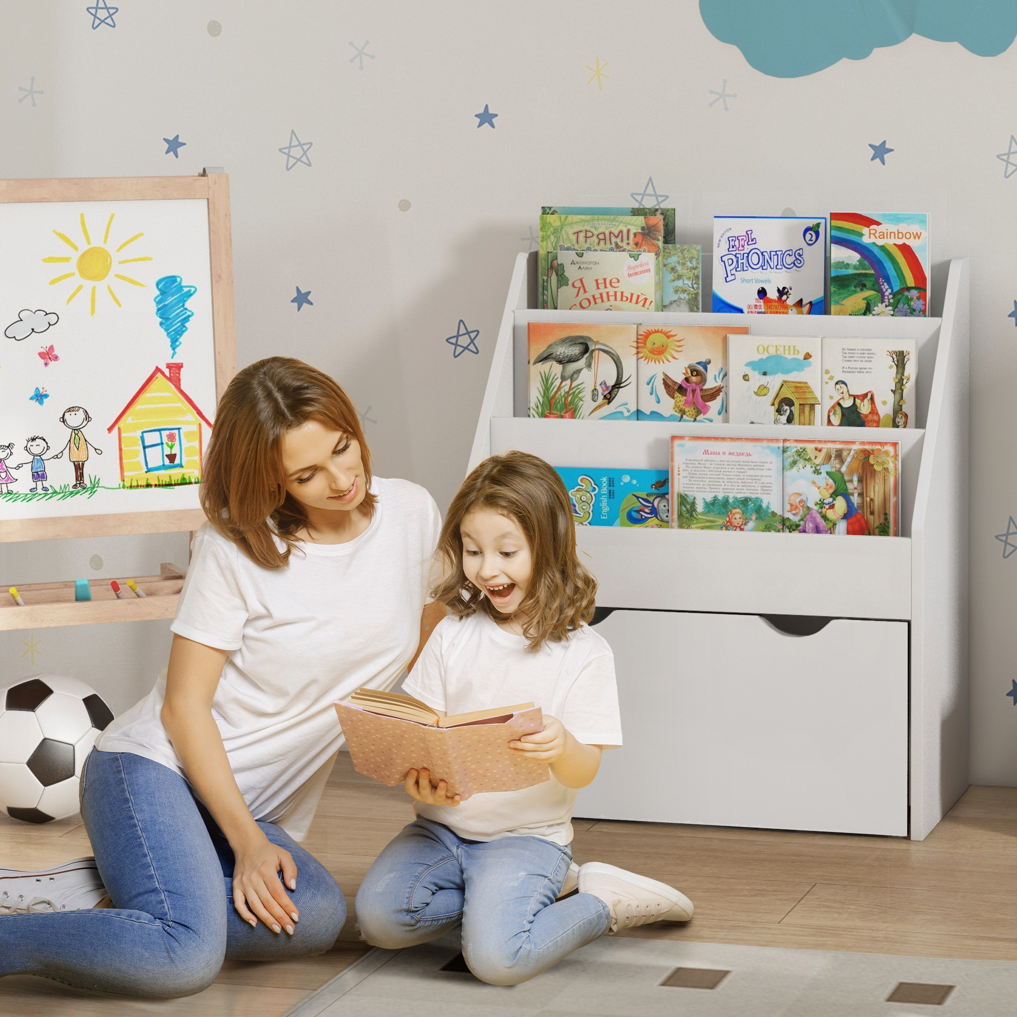 Aiyaplay Libreria per Bambini 3-8 Anni a 3 Ripiani con Cassetto Inferiore, in MDF, 62.5x30x70 cm, Bianco