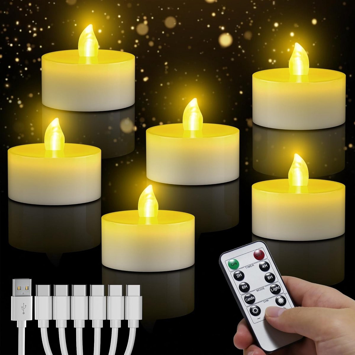 Set van 6 oplaadbare led theelichtjes met afstandsbediening - Wit