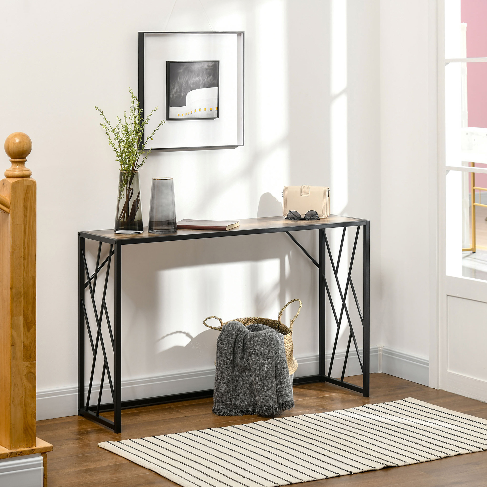 Homcom Tavolo Consolle da Ingresso in Stile Industriale, Mobile Vintage in Acciaio e Legno, 120x35x75cm, Marrone Aosom