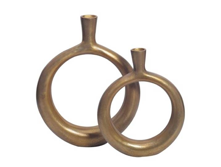 WOHNLING Dekovase 2er Set Aluminium Gold Donut-Form Blumenvasen rund ausgefallen, Tischvasen Metall 2-teilig, Designvasen handgefertigt, jedes Set ein Unikat
