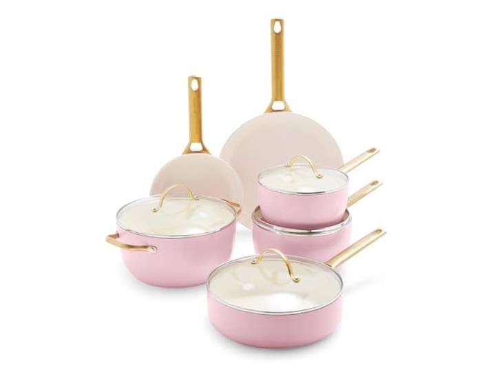 GreenPan Reserve Harteloxiertes Gesundes Keramische Antihaft-Kochgeschirr Set,10 Teile,Inklusive Bratpfannen Sautierpfanne und Kochtopf,Goldgriff,PFAS-frei,Induktion,Backofenfest,Erröten Rosa