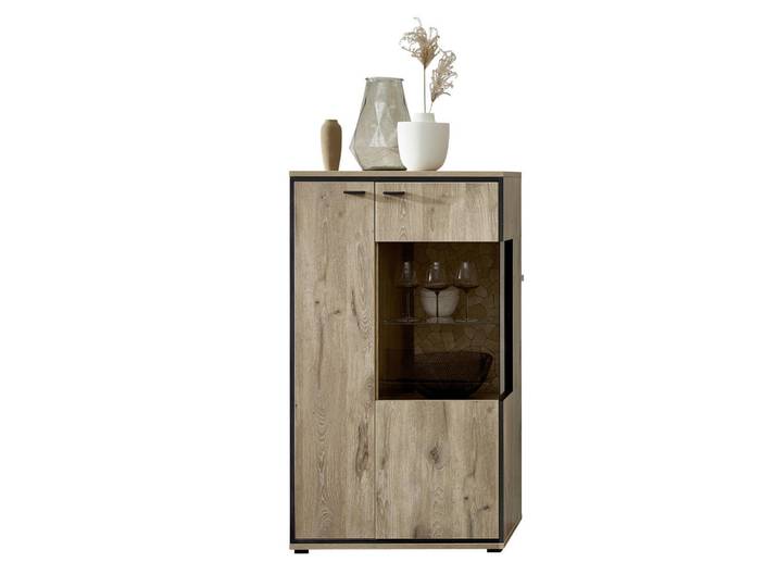Livetastic Vitrine, Schwarz, Eichefarben, Glas, Holzwerkstoff, Mosaik, 4 Fächer, 80x144x40 cm, Made in EU, Beimöbel erhältlich, Esszimmer, Vitrinen, Vitrinenschränke