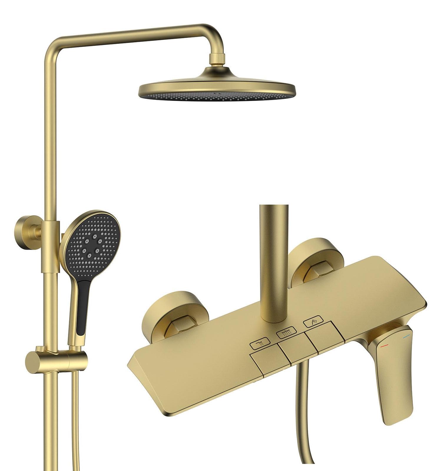 Duschsystem 25 cm rund, Piano-Tasten, Wasserfall-Armatur, 3 Funktionen, Messing