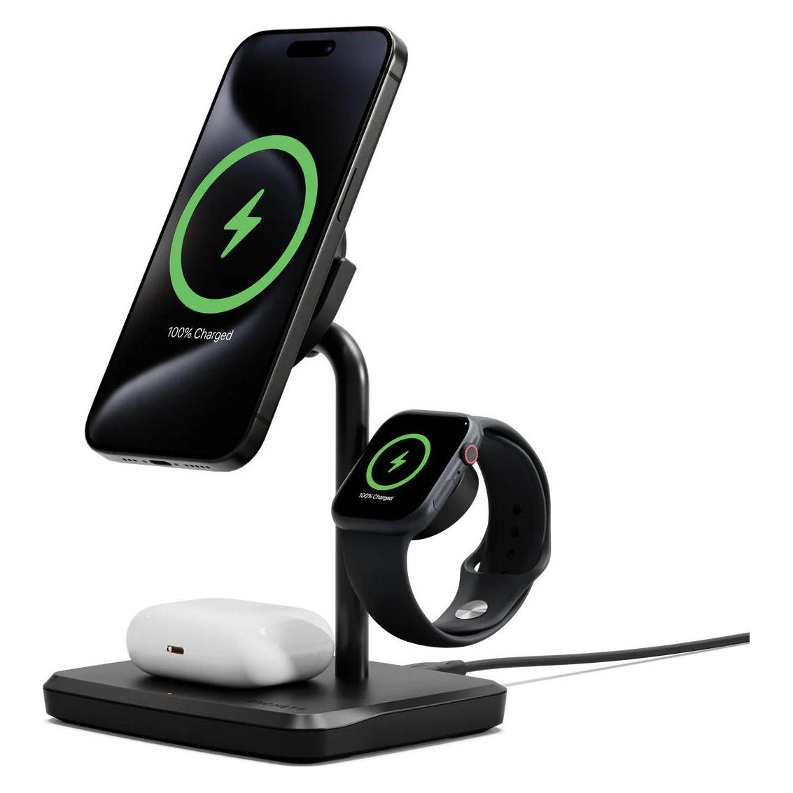 Cygnett ChargeBase Qi2 Kabelloses Magnetisches Ladegerät 3 in 1 Schnellladung für iPhone, AirPods un (15 W) (CY5100BUNCP)