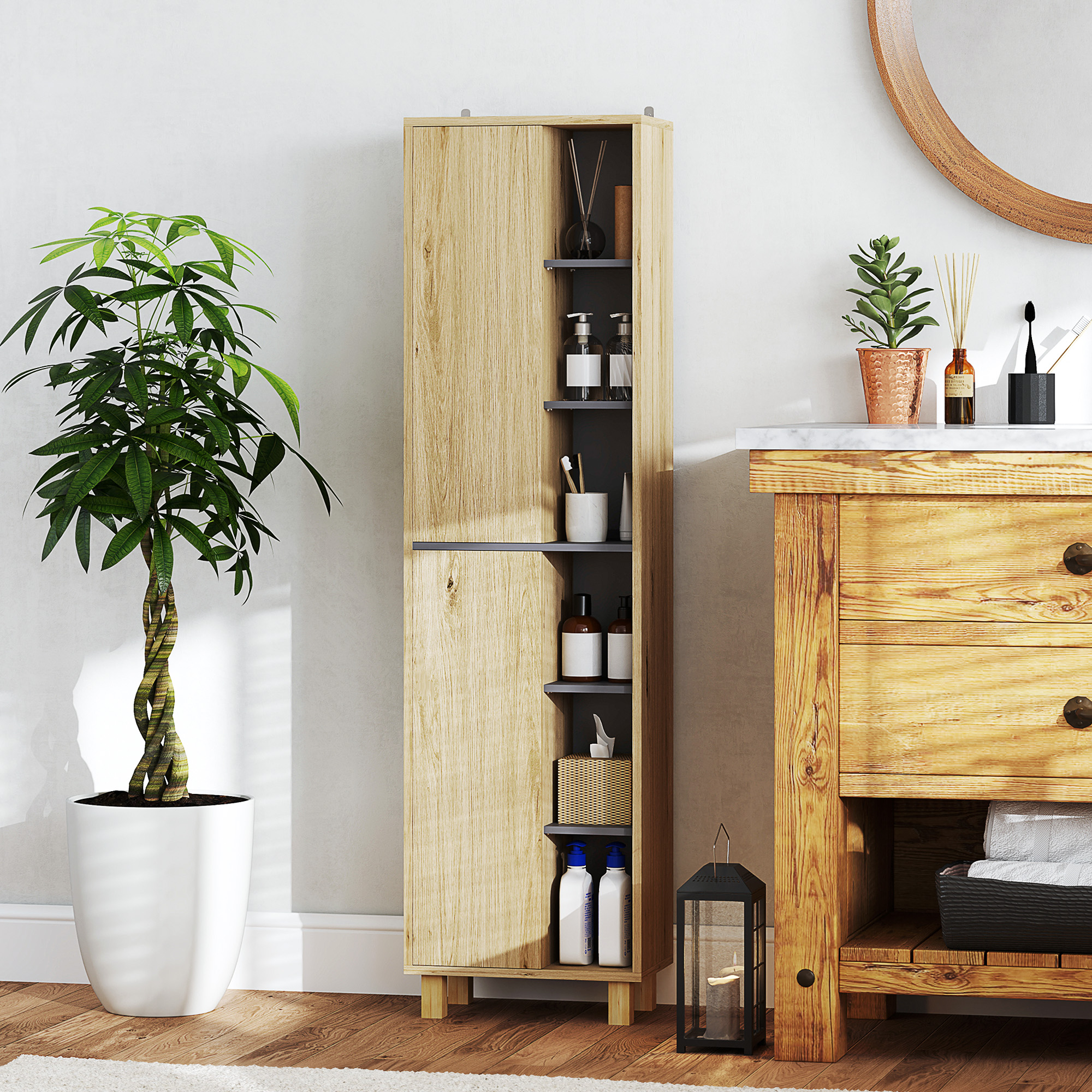 Homcom Mobile colonna bagno, armadio bagno con 6 scomparti aperti e 2 armadi, legno naturale