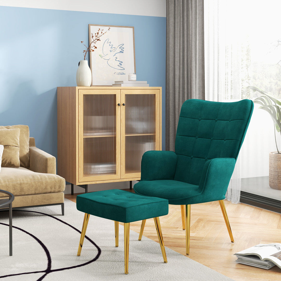 Canora Grey Angelamarie Velvet Armchair With Footstool Green 99cm H X 71cm W X 77cm D