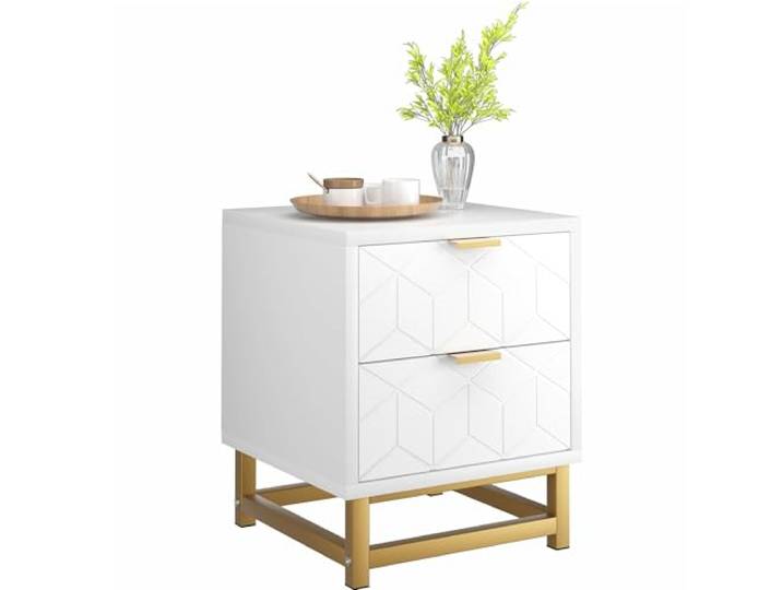GarveeHome Mid-Century 2-Schubladen-Kommode mit goldenen Griffen – Wasserabweisender Nachttisch aus MDF für Schlafzimmer, Farbe: Weiß