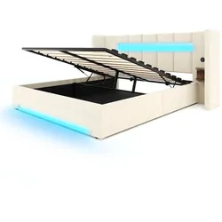 MODFU Polsterbett Samt Beige 160x200 cm mit USB-Anschlüssen, LED-Beleuchtung, Hydraulikfunktion und Stauraum
