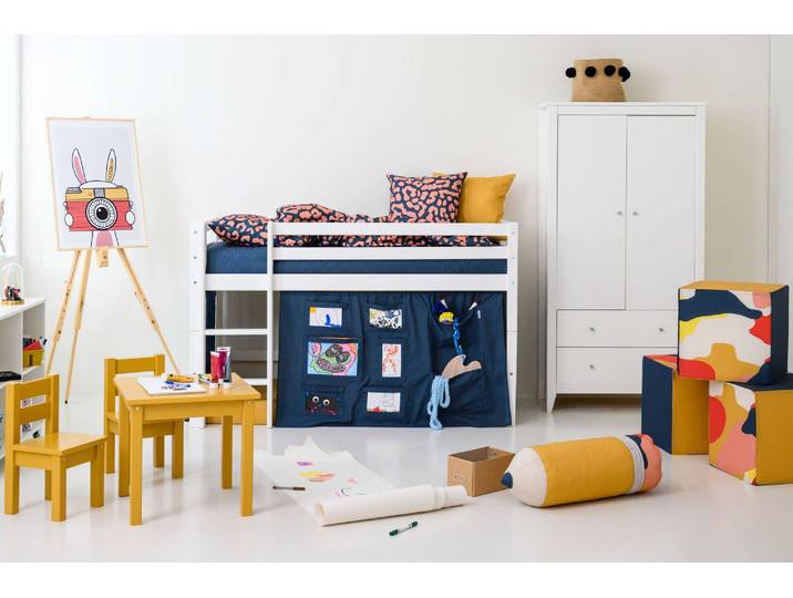 Hochbett HOPPEKIDS ECO Dream, Kinderbett, Spielbett, Halbhohes Bett aus Massivholz , blau (weiß, creator blau), B:81cm H:105cm L:168cm, Kinderbett: 100% Massivholz: Nordische Kiefer, Vorhang: 100% Baumwolle, Hochbetten, Hochbett, inkl. Vorhang-Set Creator, Bettgrösse & Matratze wählbar