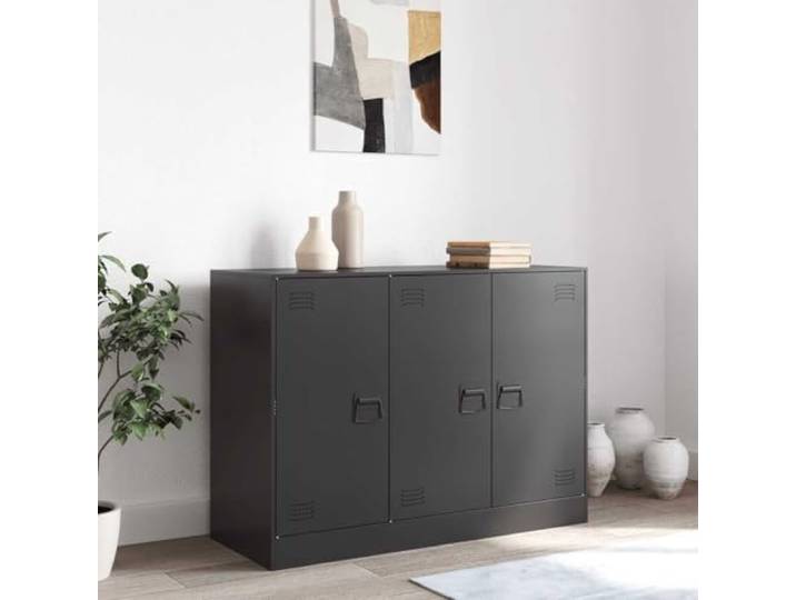 KTHLBRH Sideboard schwarz 99 x 39 x 73 cm kaltgewalzter Stahl 6 Fächer, 3 Türen, 3 Metallgriffe, Fassungsvermögen 90 kg, einfache Reinigung