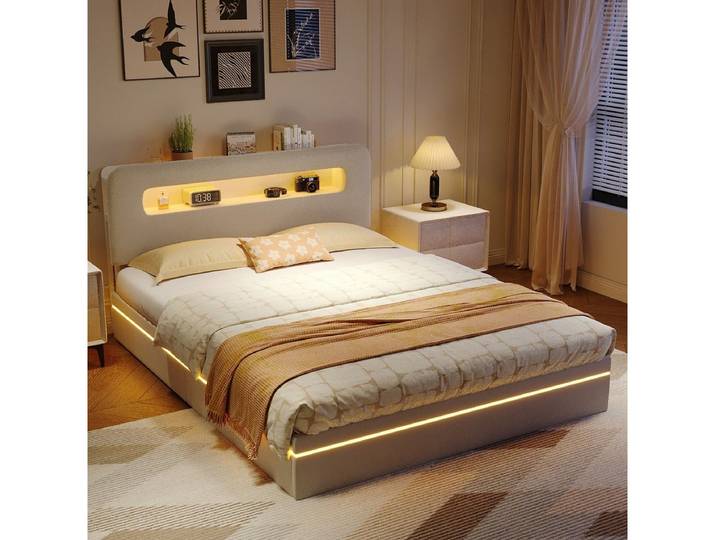 PXloue Polsterbett LED Doppelbett 140x200 cm (USB-Ladeanschluss), Bettkasten, Ladefunktion, Teddysamt, 140x200