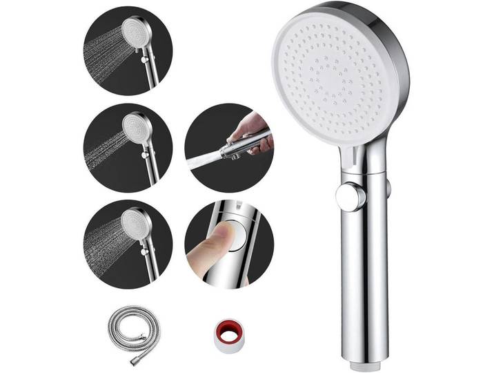 Handbrause Set mit 3 Strahlarten und Wassersparfunktion, Silberfarben, Metall, 9x12.7x24.5 cm, Badezimmer, Baden & Duschen, Duschköpfe & Duschschläuche