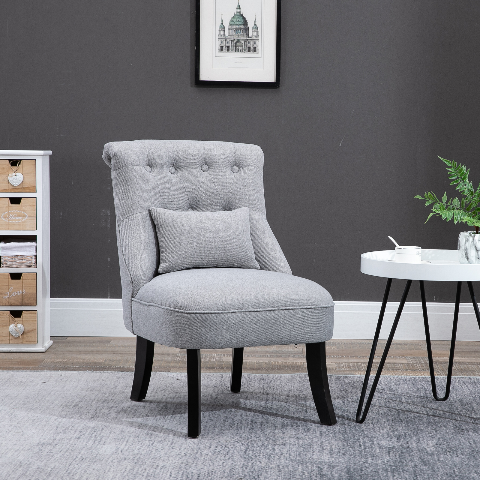 Homcom Poltroncina da Salotto in Tessuto Effetto Lino con Gambe in Legno, Stile Vintage, con Cuscino, Grigio Aosom