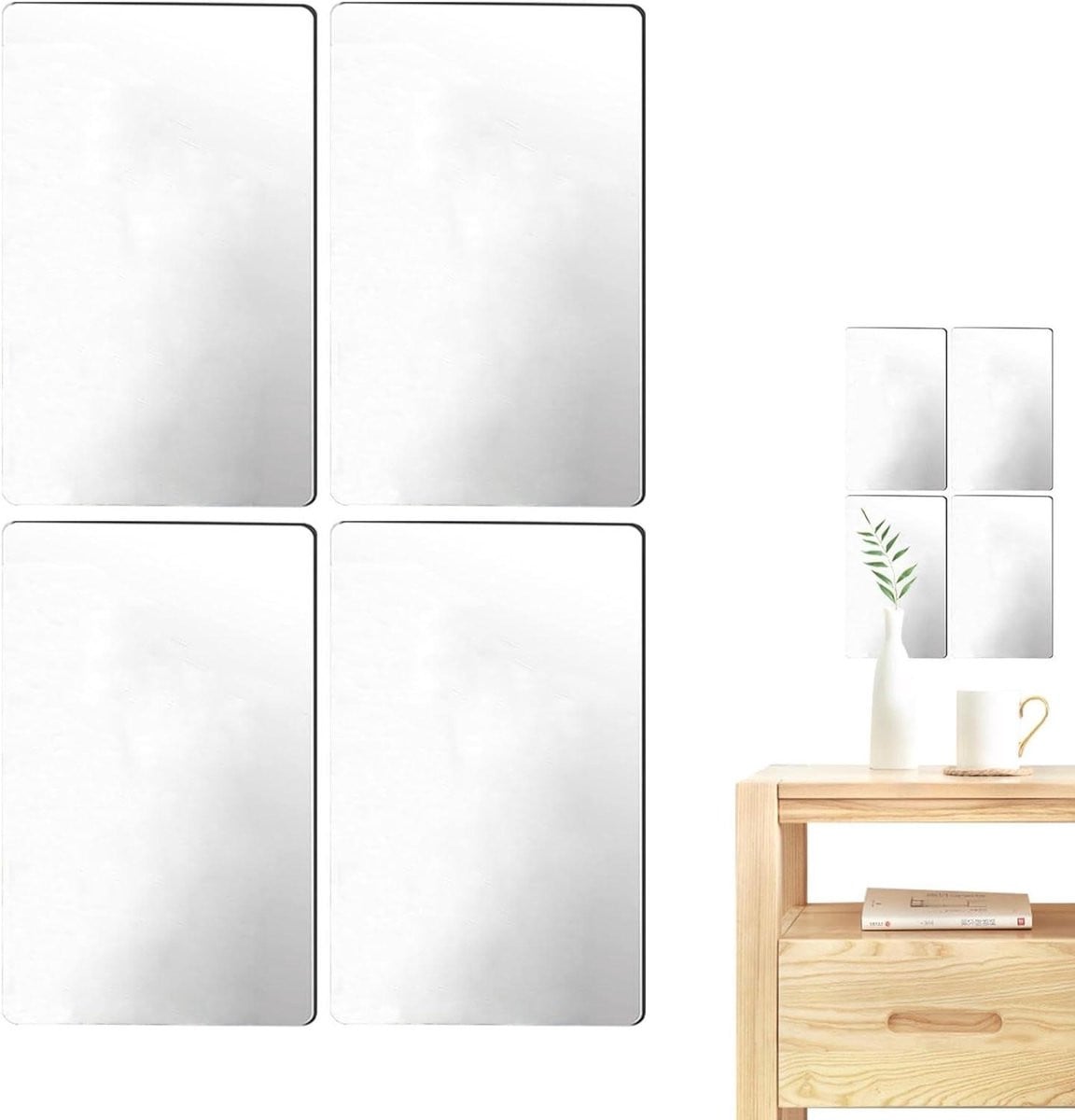 Set van 4 Zilveren Spiegel Tegels van Acryl voor Interieur Decoratie