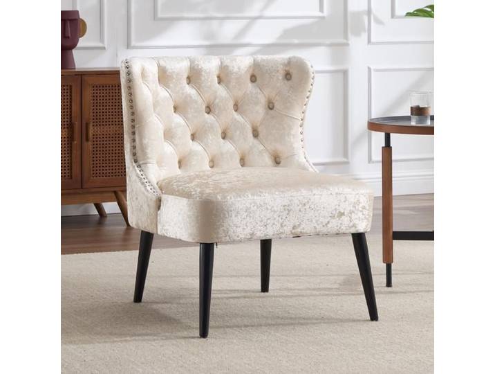chairus Fauteuil Velours avec Pieds Bois Chaise de Salon pour Chambre Fauteuil Crapaud avec Rivets et Boutons Décoratifs Beige