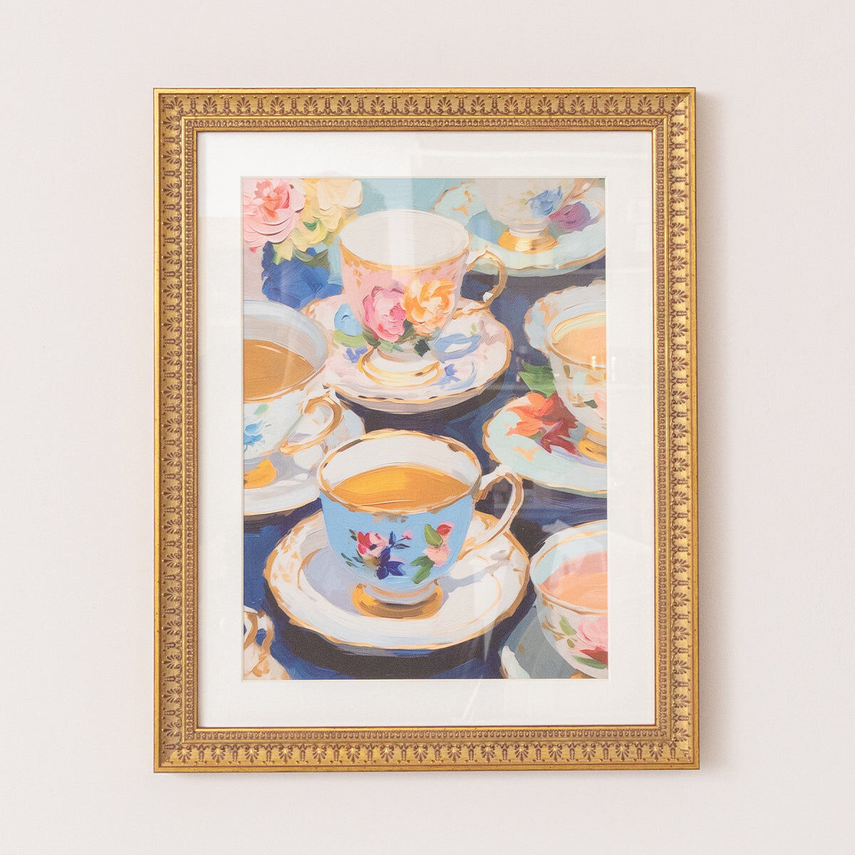Textured Watercolour Teacups Wall Art / Print with A Gold Frame - 40cm x 50cm Wood, Canvas, Metal