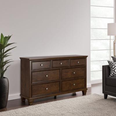 Benjara Reno Wide Dresser, 7 Storage Drawers, Nickel Round Knobs, Rich Brown