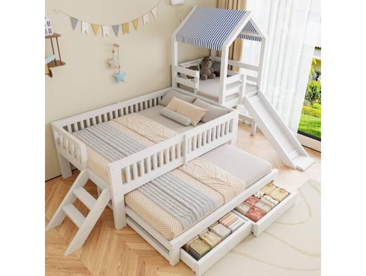 BXEYXE Kinderbett 90 * 200, mit Ausziehbett 90 * 190,Haus-Kinderbett mit Rutsche,mit seitlicher Treppe,mit Schubladen,Etagenbett mit Massivholzrahmen und Stoffdach,Weiß