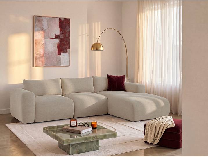 Ecksofa rechts aus Stoff in Beige POLIRIA