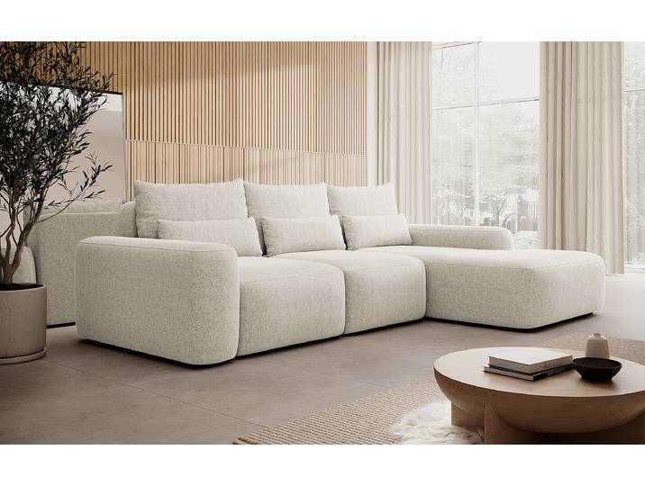 Ecksofa mit Schlaffunktion Weiß/Hellbeige Webstoff 264 x 82 x 162cm Longchair davorstehend rechts mit Schlaffunktion Modern